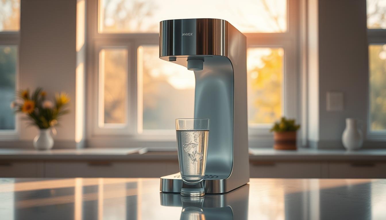 A beautifully crafted image of a modern water purifier, its sleek design and gleaming finish standing prominently in the foreground. The purifier is positioned atop a clean, minimalist kitchen counter, bathed in warm, natural lighting that filters through large windows, casting a soft, ambient glow. In the middle ground, a glass of crystal-clear, freshly filtered water reflects the purifier's elegant form, while the background subtly fades into a serene, domestic setting, emphasizing the purifier's role in enhancing the homeowner's quality of life. The entire scene exudes a sense of tranquility and well-being, capturing the essence of how using a water purifier can transform one's daily experience.