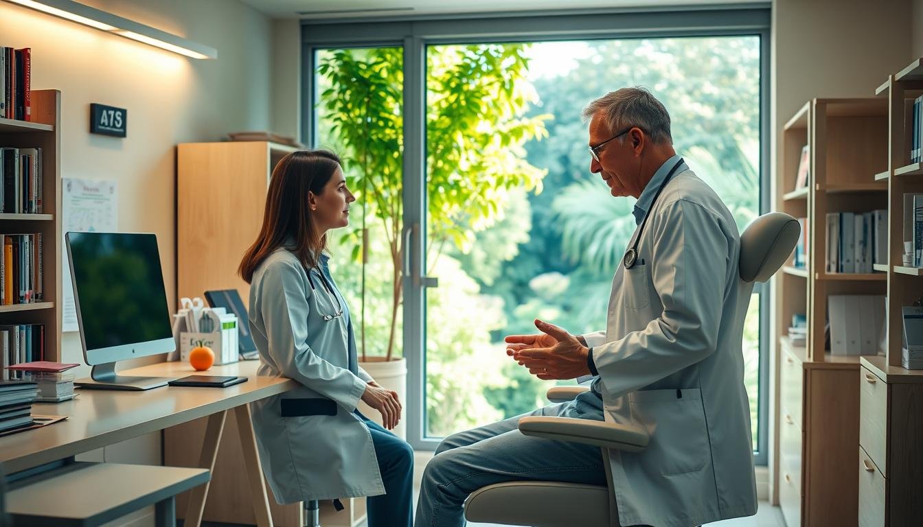 A bright, well-lit medical office with a doctor's desk, shelves of medical books, and a large window overlooking a peaceful garden. In the center, a patient sits comfortably in an examination chair, their hands resting on the armrests as the doctor leans in, listening intently and explaining a new treatment method for tinnitus, the faint ringing or buzzing sound in their ears. The lighting is warm and natural, creating a calming, professional atmosphere, conveying the expertise and care the doctor provides in addressing this common but complex condition.