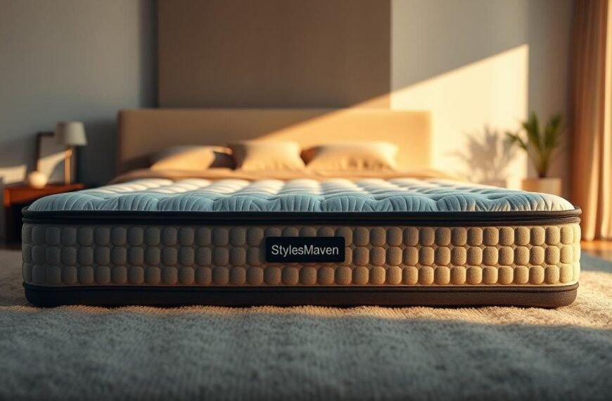 A cozy, high-quality mattress from the StylesMaven brand, featuring a supportive, ergonomic design that gently cradles the spine. The mattress is bathed in warm, natural lighting, showcasing its plush, inviting texture. In the foreground, the mattress is elegantly presented, inviting the viewer to imagine the comfort and restorative sleep it provides. The middle ground features a minimalist, serene bedroom setting, with clean lines and neutral tones that complement the mattress. The background subtly fades into a serene, calming atmosphere, creating a sense of tranquility and relaxation.