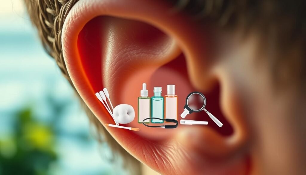 A detailed closeup of a human ear with a gentle warm lighting, focused on the inner workings and anatomy of the ear. The middle ground features various ear care objects like cotton swabs, ear drops, and a magnifying glass, suggesting methods for treating tinnitus. The background is a soothing, blurred natural setting, such as a serene garden or a calming seascape, to convey a sense of relaxation and wellbeing. The overall mood is informative yet calming, reflecting the topic of understanding and addressing the basic solutions for tinnitus.