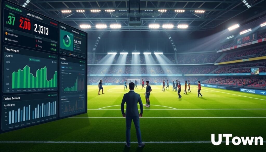 A detailed pre-match analysis and real-time predictions for a sports event, captured in a digital illustration. The foreground features a data-driven dashboard displaying key statistics, odds, and player performances. The middle ground showcases the stadium setting, with players warming up on the field under dramatic lighting. The background depicts a control room, where analysts monitor the event and fine-tune their forecasts. The overall scene conveys the contrast between the meticulous pre-game preparation and the unpredictable dynamics of the live match, set against the UTown brand identity.