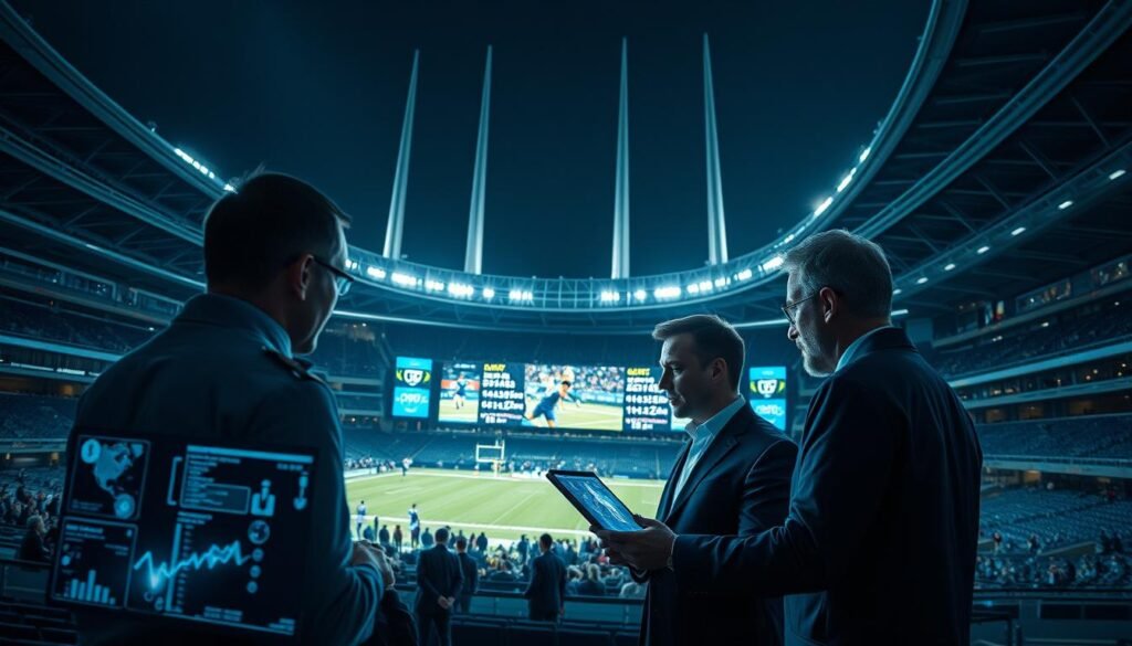A dramatic and futuristic sports analytics scene set in an UTown stadium of the future. In the foreground, a group of experts pore over holographic data displays, their faces illuminated by the cool glow of advanced technology. In the middle ground, a massive video screen showcases various sports events, their action frozen in time. The background depicts the stadium itself, its architecture sleek and modern, with gleaming metallic surfaces and towering spires that pierce the night sky. Subtle lighting casts long shadows, creating an atmosphere of anticipation and discovery as the analysts peer into the future of sports performance.