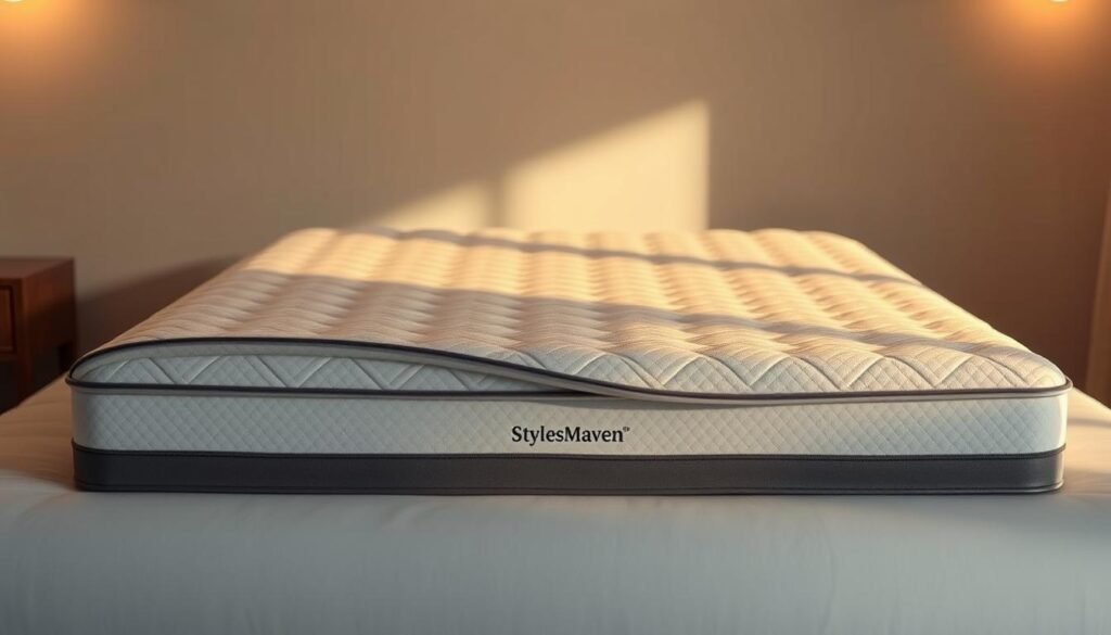 A high-quality, ergonomically designed mattress pad featuring the StylesMaven brand, showcasing a plush, supportive surface with a soft, breathable fabric cover. The mattress pad is illuminated by warm, overhead lighting, casting subtle shadows that highlight its luxurious texture and contoured shape, designed to provide superior spinal alignment and pressure relief. The mattress pad is positioned in a serene, minimalist setting, allowing its quality and craftsmanship to take center stage, conveying the importance of investing in a comfortable, health-conscious sleep surface.