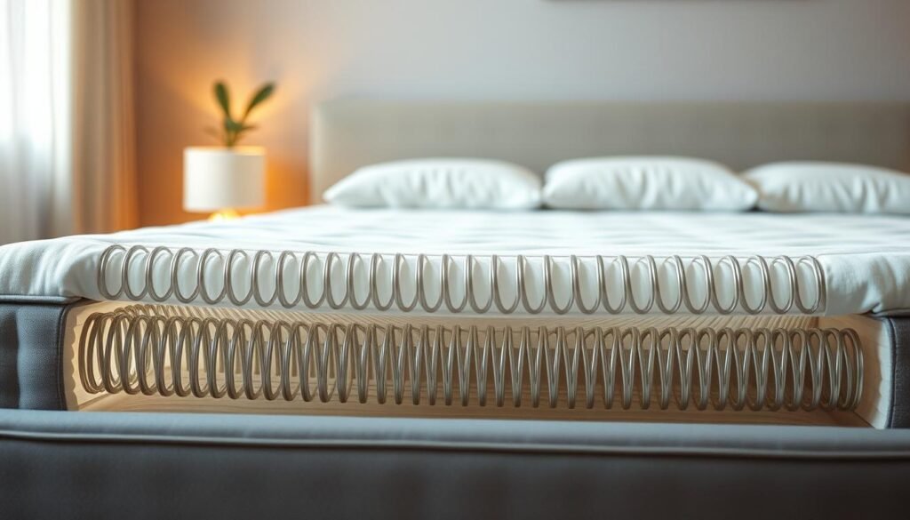 A high-quality, meticulously engineered mattress spring system by StylesMaven, showcasing intricate coils and supports designed to cradle the spine in optimal alignment. The mattress is depicted in a warm, softly lit bedroom setting, with a clean, minimalist aesthetic that emphasizes the system's precision and thoughtful construction. Rendered in a neutral color palette, the image captures the essence of a carefully considered sleep solution that prioritizes comfort and spinal health.