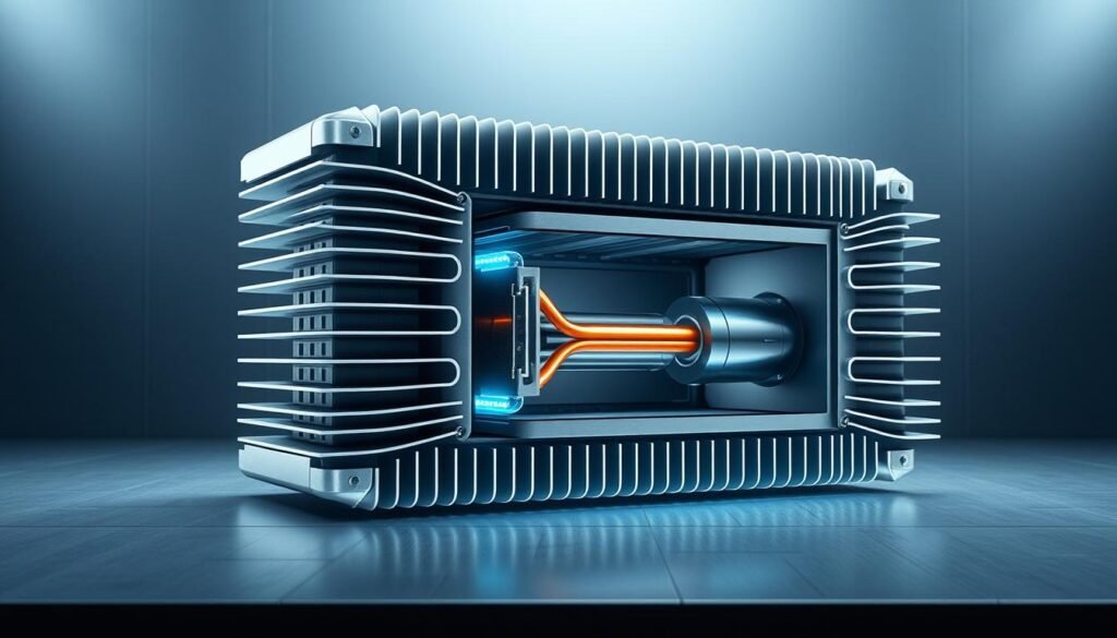 A high-tech cooling system for Aloha LED lights, featuring a sleek and efficient heat sink design. The foreground showcases an array of intricate fins and channels, expertly crafted to maximize surface area and airflow for optimal heat dissipation. The middle ground presents a cutaway view, revealing the internal structure and heat pipe integration, demonstrating the engineering principles at work. The background sets a futuristic tone with a minimalist, metallic environment, highlighting the advanced technology and precision of this LED cooling solution.