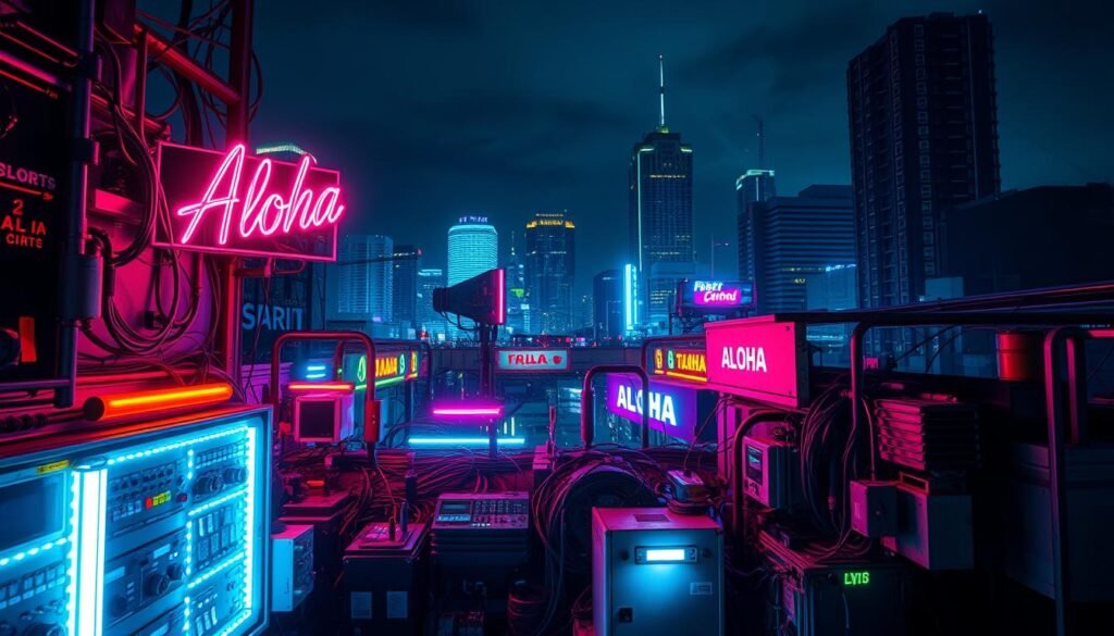 A neon-lit urban scene depicting a nighttime cityscape with vibrant, pulsing "Aloha" signage casting a mesmerizing glow across the frame. In the foreground, a variety of neon tubes and fixtures emit a cacophony of colors and patterns, creating a visually captivating display. The middle ground features a cluttered assembly of transformers, wiring, and control panels, highlighting the technical complexities involved in managing the neon system. In the background, the silhouettes of skyscrapers and other urban structures loom, creating a sense of depth and scale. The overall atmosphere is one of energy, dynamism, and the interplay between technology and artistic expression.