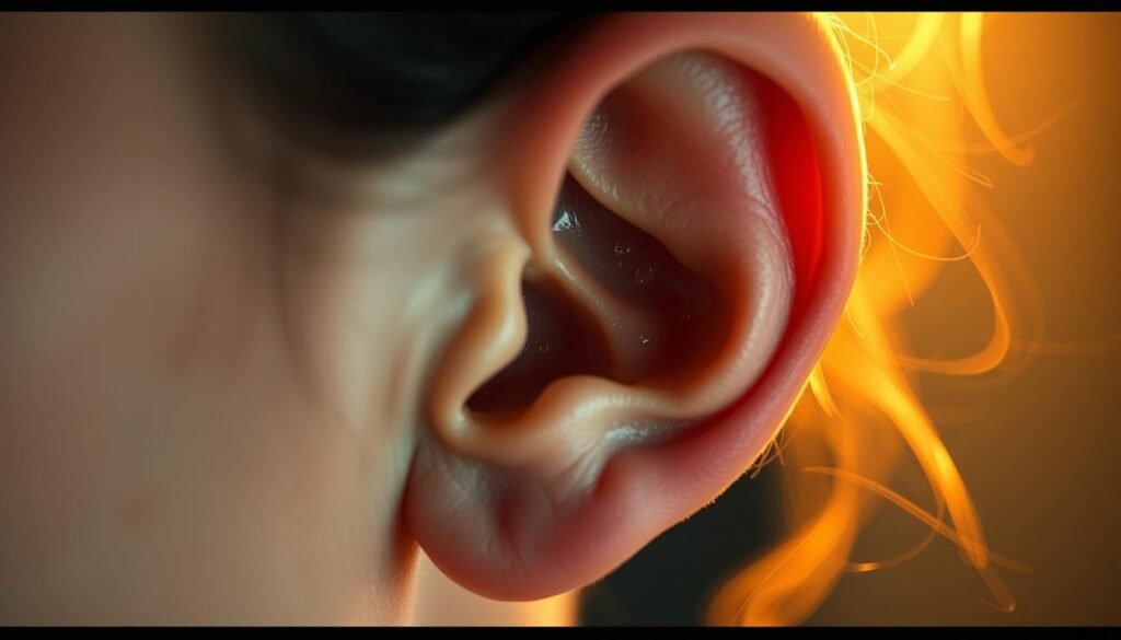 A serene closeup of a person's ear, with a warm, natural lighting illuminating the delicate anatomy. The inner workings of the ear are clearly visible, with the convoluted cochlea and delicate hair cells highlighted. The skin around the ear appears smooth and unblemished, conveying a sense of health and wellness. The background is slightly blurred, keeping the focus on the intricate details of the ear structure. The overall mood is one of calm introspection, suggesting the effective resolution of tinnitus through non-medicinal means.
