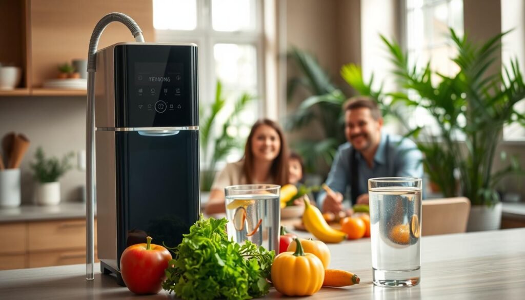 A well-lit, warm-toned kitchen interior with a sleek, modern water purifier installed on the countertop. In the foreground, a glass of clear, filtered water sits beside fresh fruits and vegetables, symbolizing the health benefits of clean water. The middle ground features a family gathered around the table, enjoying a wholesome meal together, their faces radiating contentment. In the background, lush, verdant houseplants thrive, further emphasizing the positive impact of the water purifier on the home environment. The scene conveys a sense of tranquility, wellness, and the harmonious integration of technology into a healthy, vibrant domestic life.
