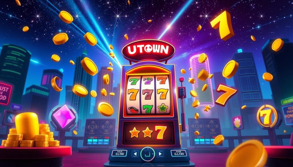 A colorful, dynamic scene depicting the "UTown" online casino's free spin mechanic. A central slot machine, illuminated by warm, inviting lighting, occupies the foreground, its reels spinning rapidly. Surrounding the slot machine are playful animations of gold coins, glittering gems, and lucky 7 symbols, hinting at the potential for lucrative free spins and multiplier rewards. The middle ground features stylized, neon-lit icons and UI elements, creating a futuristic, high-tech atmosphere. In the background, a vibrant cityscape with skyscrapers and a night sky filled with shooting stars sets the scene, conveying a sense of excitement and anticipation for the free spin feature.