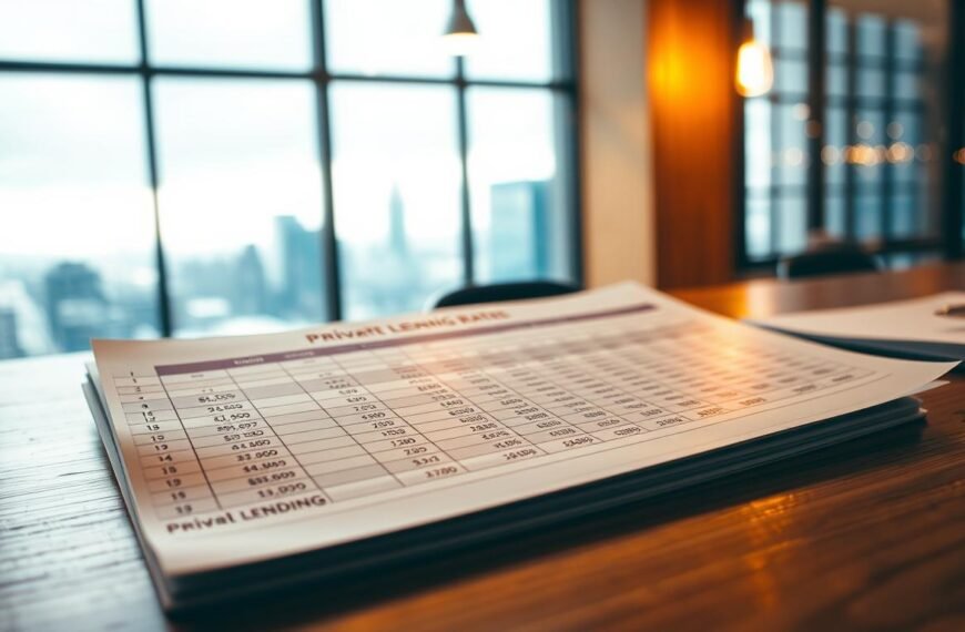 A detailed spreadsheet on a wooden desk, illuminated by warm overhead lighting. The spreadsheet shows various financial calculations related to private lending rates, with neatly organized columns and rows. In the background, a blurred cityscape can be seen through a large window, hinting at the urban context of this financial activity. The overall mood is one of professional analysis and financial planning, with a sense of precision and attention to detail.