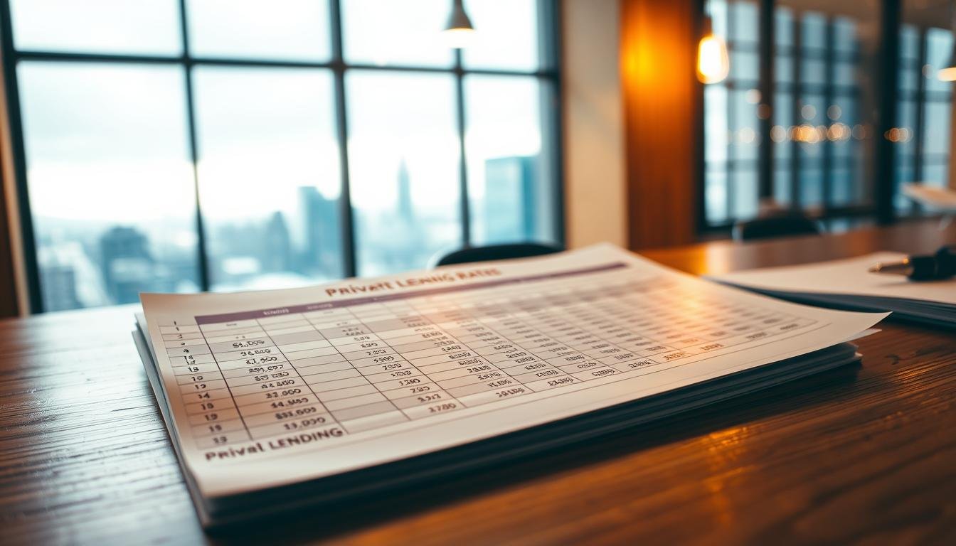 A detailed spreadsheet on a wooden desk, illuminated by warm overhead lighting. The spreadsheet shows various financial calculations related to private lending rates, with neatly organized columns and rows. In the background, a blurred cityscape can be seen through a large window, hinting at the urban context of this financial activity. The overall mood is one of professional analysis and financial planning, with a sense of precision and attention to detail.