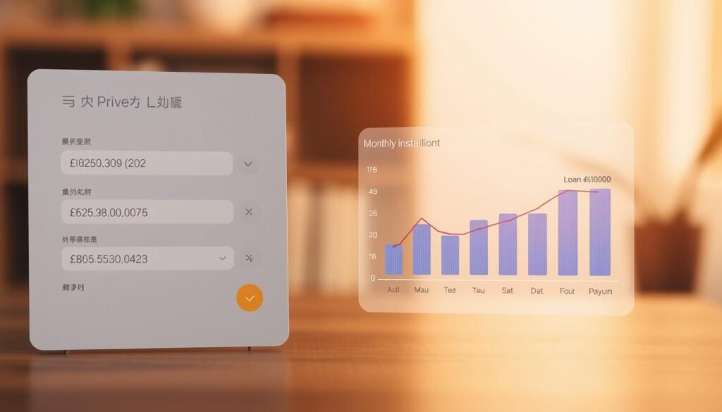 A detailed visualization of a financial calculation interface, showcasing a loan repayment calculator for private lending. The foreground features a clean, minimalist design with input fields for loan amount, interest rate, and repayment period. The middle ground displays a dynamic chart or graph illustrating the monthly installment breakdown, including principal and interest components. The background has a softly blurred, warm-toned environment, evoking a sense of financial planning and decision-making. Gentle lighting casts subtle shadows, enhancing the depth and three-dimensional quality of the scene. The overall tone is professional, informative, and visually appealing, providing a clear and intuitive representation of the "民間借貸月付金試算" concept. A detailed visualization of a financial calculation interface, showcasing a loan repayment calculator for private lending. The foreground features a clean, minimalist design with input fields for loan amount, interest rate, and repayment period. The middle ground displays a dynamic chart or graph illustrating the monthly installment breakdown, including principal and interest components. The background has a softly blurred, warm-toned environment, evoking a sense of financial planning and decision-making. Gentle lighting casts subtle shadows, enhancing the depth and three-dimensional quality of the scene. The overall tone is professional, informative, and visually appealing, providing a clear and intuitive representation of the "民間借貸月付金試算" concept.