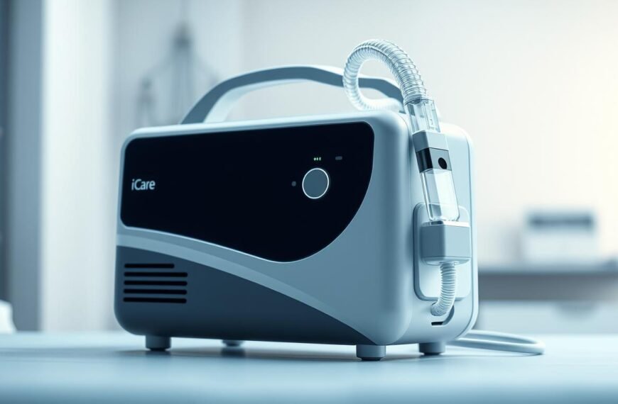 A high-quality, photorealistic image of the iCareCPAP sleep apnea machine, showcased against a soft, blurred medical background. The device should be prominently displayed, with a clean, modern design and sleek lines. Subtle ambient lighting should accentuate the machine's features, creating a sense of depth and sophistication. The image should convey a sense of medical authority and reliability, highlighting the device's role in the treatment of sleep disorders. The overall tone should be professional, informative, and visually appealing, reflecting the importance of the subject matter.