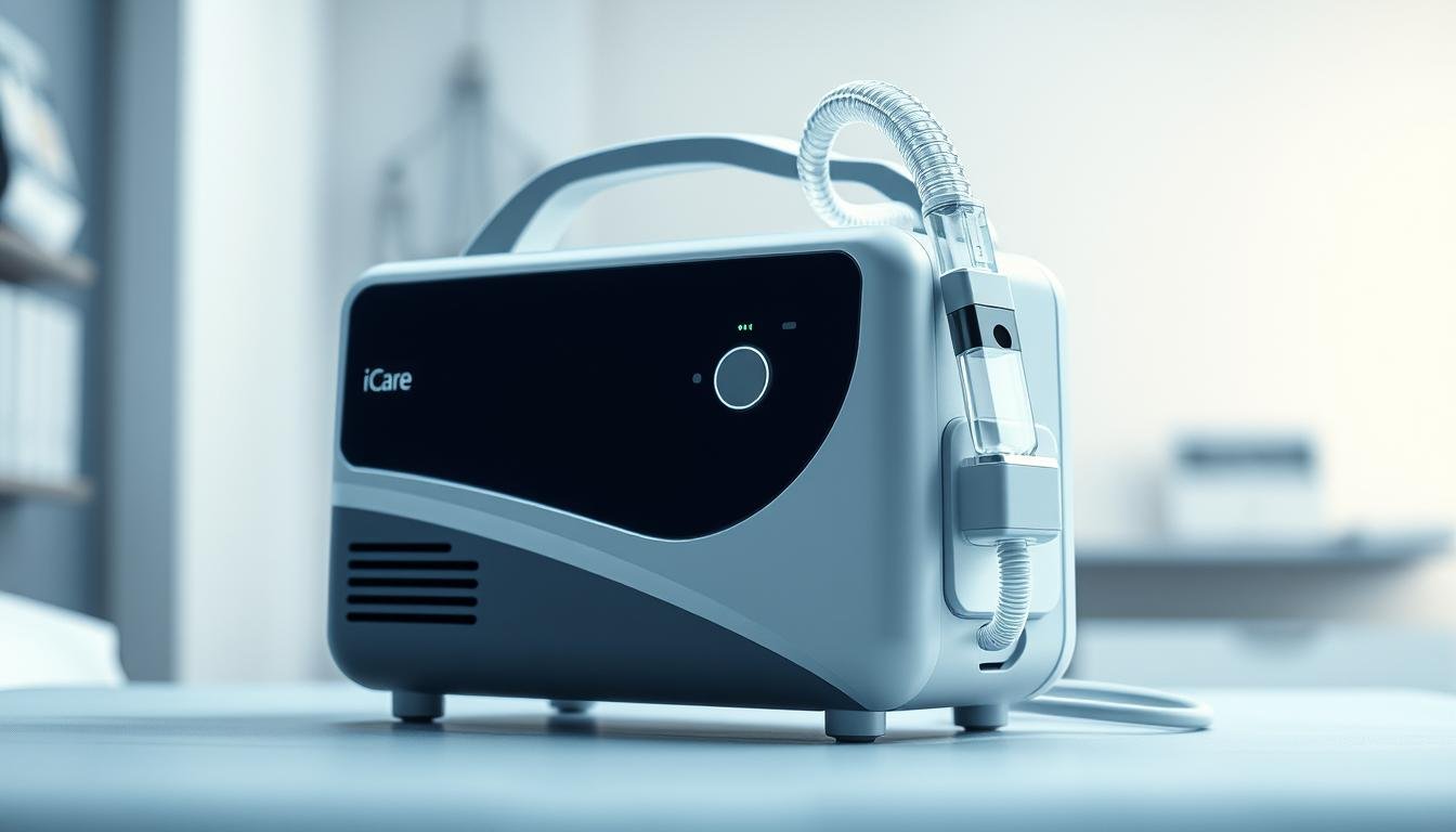 A high-quality, photorealistic image of the iCareCPAP sleep apnea machine, showcased against a soft, blurred medical background. The device should be prominently displayed, with a clean, modern design and sleek lines. Subtle ambient lighting should accentuate the machine's features, creating a sense of depth and sophistication. The image should convey a sense of medical authority and reliability, highlighting the device's role in the treatment of sleep disorders. The overall tone should be professional, informative, and visually appealing, reflecting the importance of the subject matter.