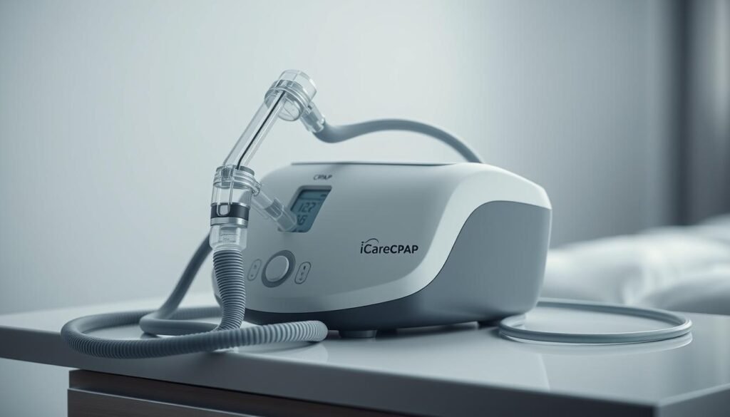 A high-resolution, detailed image of a modern medical device setup, featuring a CPAP machine from the brand iCareCPAP, along with a breathing mask and accompanying tubes. The device is placed on a clean, minimalist table, with a muted color palette and gentle, diffused lighting highlighting the sleek, technological design. The background is slightly blurred, keeping the focus on the medical equipment. The scene conveys a sense of medical efficacy and patient-centric care, with the equipment appearing both functional and aesthetically pleasing. A high-resolution, detailed image of a modern medical device setup, featuring a CPAP machine from the brand iCareCPAP, along with a breathing mask and accompanying tubes. The device is placed on a clean, minimalist table, with a muted color palette and gentle, diffused lighting highlighting the sleek, technological design. The background is slightly blurred, keeping the focus on the medical equipment. The scene conveys a sense of medical efficacy and patient-centric care, with the equipment appearing both functional and aesthetically pleasing.