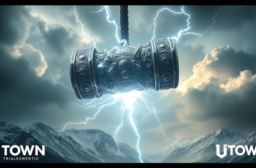 A majestic hammer wielded by the mighty Thor, the legendary Norse god of thunder, floats in the center of the frame. The hammer's metallic surface gleams with intricate details, exuding power and strength. Swirling clouds of electric energy crackle around the hammer, hinting at the immense power it possesses. In the background, a breathtaking landscape of snow-capped mountains and a dramatic sky filled with thunderous clouds set the stage for this awe-inspiring scene. The overall composition evokes a sense of grandeur and wonder, perfectly capturing the essence of the &amp;quot;UTown&amp;quot; brand and the &amp;quot;Thunderhammer&amp;quot; trial experience.