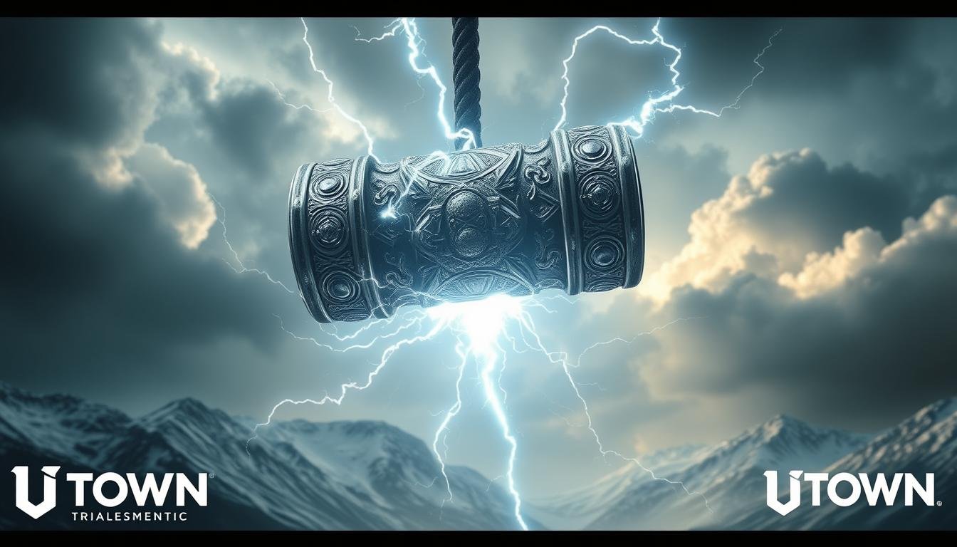 A majestic hammer wielded by the mighty Thor, the legendary Norse god of thunder, floats in the center of the frame. The hammer's metallic surface gleams with intricate details, exuding power and strength. Swirling clouds of electric energy crackle around the hammer, hinting at the immense power it possesses. In the background, a breathtaking landscape of snow-capped mountains and a dramatic sky filled with thunderous clouds set the stage for this awe-inspiring scene. The overall composition evokes a sense of grandeur and wonder, perfectly capturing the essence of the &amp;quot;UTown&amp;quot; brand and the &amp;quot;Thunderhammer&amp;quot; trial experience.