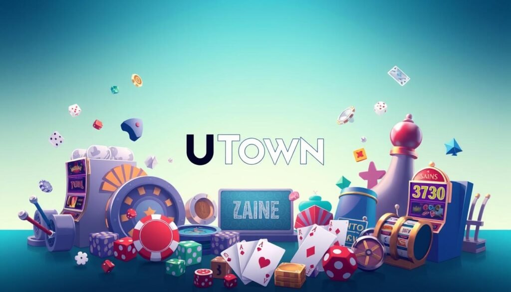 A modern, minimalist digital illustration depicting a diverse range of online casino games and activities. Prominently featured in the center is the UTown logo, rendered in a sleek, eye-catching style. The background is a gradual blend of calming blues and greens, creating a sense of serenity and sophistication. The foreground showcases various gaming icons and symbols, such as playing cards, dice, and slot machine reels, arranged in a visually appealing and balanced composition. The overall mood is one of elegance, excitement, and the promise of a rewarding USDT entertainment experience.