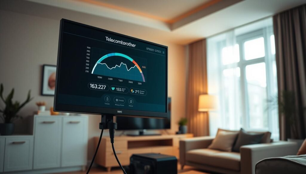 A modern, minimalist home interior with a prominently displayed computer screen showcasing a Telecombrother broadband speed test. The screen displays a graph demonstrating download speeds, with clear numerical values and visual indicators. The room is well-lit, with warm tones and clean lines, creating a cozy and professional atmosphere. The camera is positioned at a slight angle, capturing the screen and its surroundings in a balanced, aesthetically pleasing composition. The overall scene conveys a sense of technological efficiency and home connectivity.