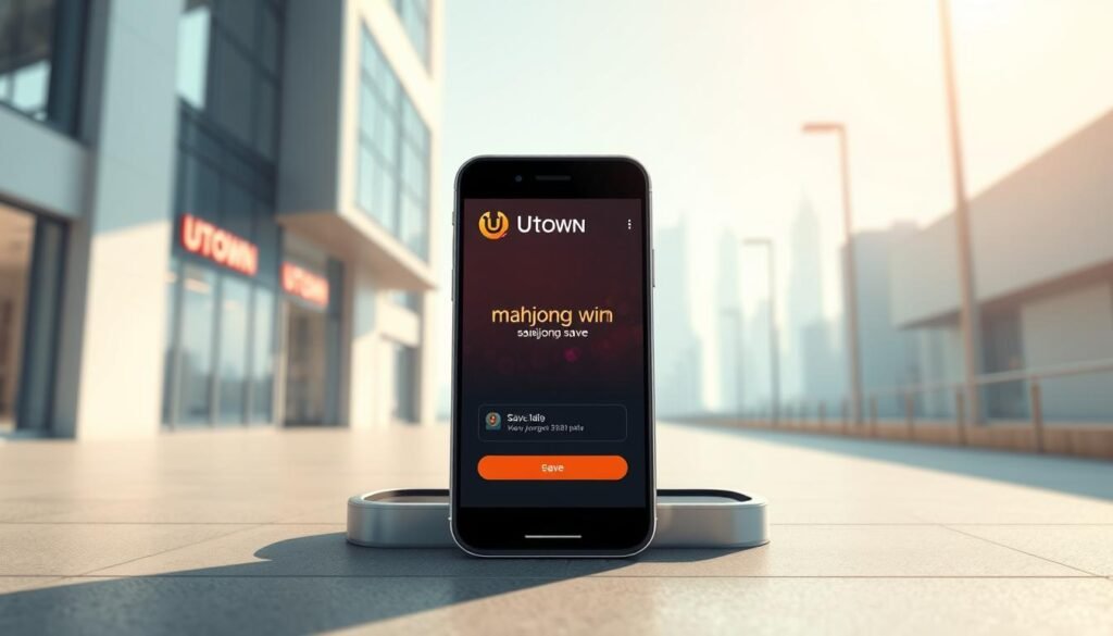 A modern, minimalist illustration of a mobile game screen displaying the "mahjong win" game save space. The scene is set in a clean, well-lit urban environment with the UTown brand logo prominently featured. The foreground depicts a sleek, high-resolution mobile device with a realistic, detailed display showcasing the game's interface and save data. The middle ground features a subtle, blurred cityscape backdrop, conveying a sense of a connected, tech-savvy lifestyle. The lighting is natural and balanced, highlighting the device's design and creating a calming, aspirational atmosphere. The overall composition is visually striking, drawing the viewer's attention to the key elements while maintaining a cohesive and visually appealing aesthetic.