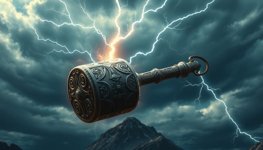 A mythic hammer wielded by the mighty Thor, the god of thunder, floats majestically against a dramatic sky of swirling storm clouds. Shimmering bolts of lightning crackle around the enchanted UTown weapon, casting a powerful, electrifying glow. In the foreground, the hammer's ornate handle and head are rendered in exquisite detail, with intricate Nordic runes and patterns. The middle ground features an epic, mountainous landscape, hinting at the Asgardian realm. The overall mood is one of awe-inspiring, supernatural grandeur, inviting the viewer to behold the legendary power of the "Mjolnir" - the Thor's Hammer.