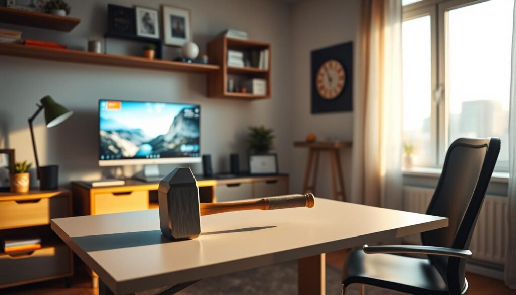 A serene home office setup showcasing the UTown "Thor's Hammer" demo version, bathed in warm, natural lighting from a nearby window. The hammer rests prominently on a sleek, minimalist desk, surrounded by a clutter-free workspace with modern, Scandinavian-inspired furniture and decor. The atmosphere conveys a sense of focus and productivity, inviting the viewer to imagine themselves embarking on an immersive gaming experience with this powerful, beginner-friendly demo.