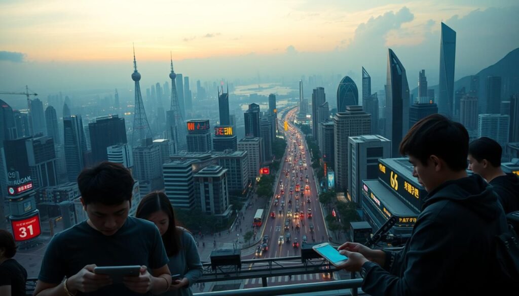 A sprawling cityscape at dusk, the Telecombrother 5G network towers rise like sentinels against a hazy sky. In the foreground, a group of gamers intently focused on their devices, their expressions a mix of anticipation and frustration as they test the network's responsiveness. The mid-ground reveals the bustling streets, pedestrians and vehicles blurred in a choreographed dance, while the background showcases the sleek, futuristic architecture of Hong Kong's urban landscape. Dramatic lighting and a moody color palette convey the high-stakes nature of the 5G network delay test, capturing the tension and importance of this technological milestone. A sprawling cityscape at dusk, the Telecombrother 5G network towers rise like sentinels against a hazy sky. In the foreground, a group of gamers intently focused on their devices, their expressions a mix of anticipation and frustration as they test the network's responsiveness. The mid-ground reveals the bustling streets, pedestrians and vehicles blurred in a choreographed dance, while the background showcases the sleek, futuristic architecture of Hong Kong's urban landscape. Dramatic lighting and a moody color palette convey the high-stakes nature of the 5G network delay test, capturing the tension and importance of this technological milestone.