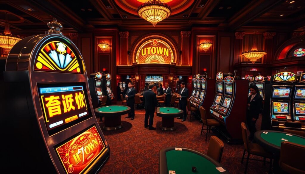 A stunning UTown casino scene, illuminated by warm spotlights. In the foreground, a gleaming jackpot machine with vibrant, neon-lit "倍數獎勵" display. Surrounding it, the rich textures of green baize tables and the polished wood of the slots. In the middle ground, smartly-dressed patrons eagerly await their chance at the lucrative bonuses. The background features the ornate architectural details of the UTown gaming floor, creating an atmosphere of anticipation and excitement. Dramatic chiaroscuro lighting casts dramatic shadows, heightening the sense of drama and potential wealth. The overall composition conveys the thrill and promise of amplified rewards for skilled players.