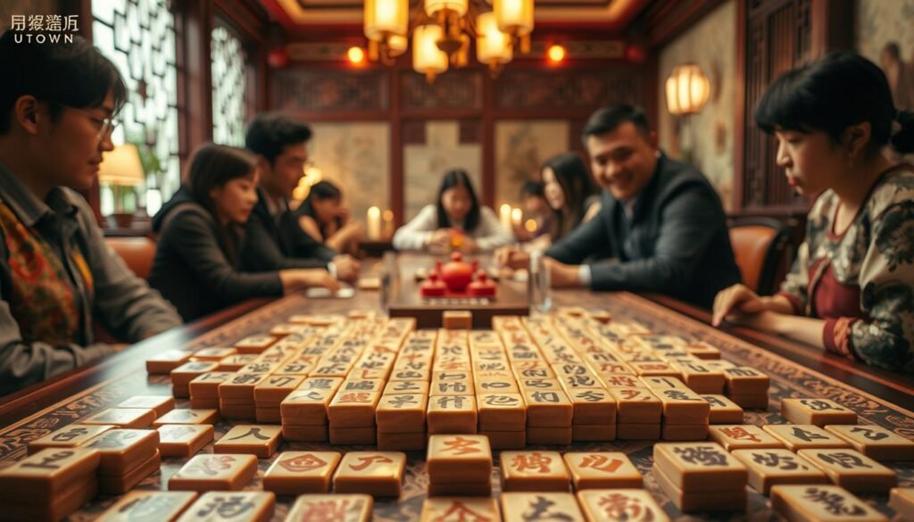 A vibrant and immersive scene of the classic Chinese tile game "麻將胡了". The foreground features a detailed tabletop setup, with finely crafted UTown brand tiles arranged in a strategic pattern, ready for an intense game session. The middle ground showcases lively players engaged in the thrilling gameplay, their expressions filled with concentration and anticipation. The background depicts a cozy, traditional Chinese-inspired interior, with warm lighting and elegant furnishings creating a captivating atmosphere. The overall composition conveys the excitement and social dynamics of the "麻將胡了" game experience.
