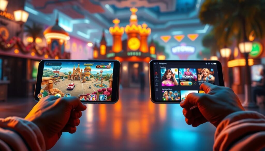 A vibrant comparison of gaming experiences, showcasing the sleek UTown entertainment app and its web counterpart. Immersive 3D environments, intuitive controls, and seamless transitions between devices create a captivating visual landscape. Warm lighting and dynamic camera angles highlight the depth and interactivity of the gaming platforms, inviting the viewer to explore the diverse gaming options. The scene evokes a sense of excitement and engagement, perfectly capturing the essence of the "Game Experience Comparison" section. A vibrant comparison of gaming experiences, showcasing the sleek UTown entertainment app and its web counterpart. Immersive 3D environments, intuitive controls, and seamless transitions between devices create a captivating visual landscape. Warm lighting and dynamic camera angles highlight the depth and interactivity of the gaming platforms, inviting the viewer to explore the diverse gaming options. The scene evokes a sense of excitement and engagement, perfectly capturing the essence of the "Game Experience Comparison" section.