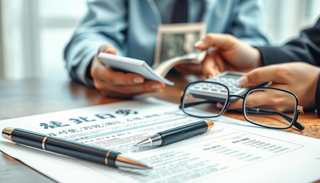 A well-lit, high-resolution close-up scene depicting the key elements of a formal financial transaction. In the foreground, an official-looking contract or document with Chinese characters and numerical calculations. Placed beside it, a pen and glasses to convey a sense of legality and attention to detail. The middle ground features a pair of hands, one holding cash and the other a calculator, signifying the careful consideration of costs. The background is softly blurred, creating a sense of focus on the transaction at hand. The overall mood is one of professionalism, transparency, and responsible financial management. A well-lit, high-resolution close-up scene depicting the key elements of a formal financial transaction. In the foreground, an official-looking contract or document with Chinese characters and numerical calculations. Placed beside it, a pen and glasses to convey a sense of legality and attention to detail. The middle ground features a pair of hands, one holding cash and the other a calculator, signifying the careful consideration of costs. The background is softly blurred, creating a sense of focus on the transaction at hand. The overall mood is one of professionalism, transparency, and responsible financial management.