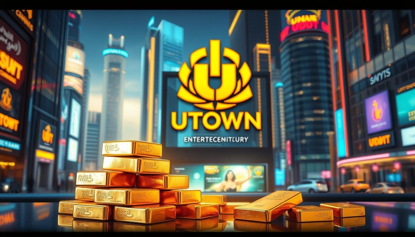 Detailed scene of a modern, sleek USDT entertainment city experience. In the foreground, a stack of gleaming gold ingots representing the withdrawal conditions, bathed in a warm, golden light. The middle ground features the UTown brand logo, elegantly displayed against a backdrop of futuristic, neon-lit architecture. The background showcases a vibrant, bustling cityscape, with skyscrapers and digital screens reflecting the excitement of the USDT entertainment landscape. The composition conveys a sense of wealth, sophistication, and the allure of the USDT gaming experience.