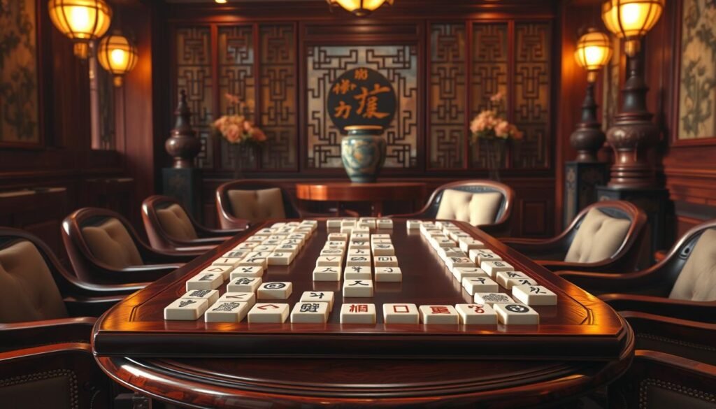 Detailed scene of a traditional Mahjong table set up in a cozy UTown gaming lounge. A polished wooden table with carved Mahjong tiles neatly arranged, surrounded by plush chairs and warm lighting. Ornate screens and decorative vases in the background, creating an authentic Mahjong hall ambiance. Soft natural shadows and highlights accentuate the textures and materials. The table is positioned centrally, inviting players to gather and enjoy a lively game of RSG Mahjong. An immersive setting that captures the essence of the classic Chinese tile-matching game.
