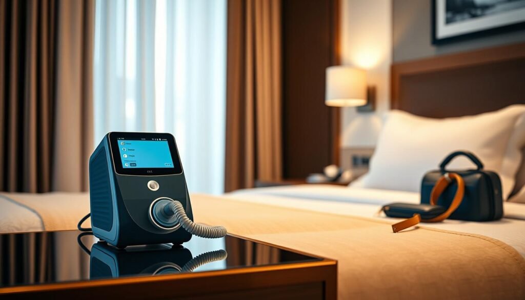 Generate an image of a travel CPAP machine, such as ResMed AirMini, being used in a hotel room. Generate an image of a travel CPAP machine, such as ResMed AirMini, being used in a hotel room.
