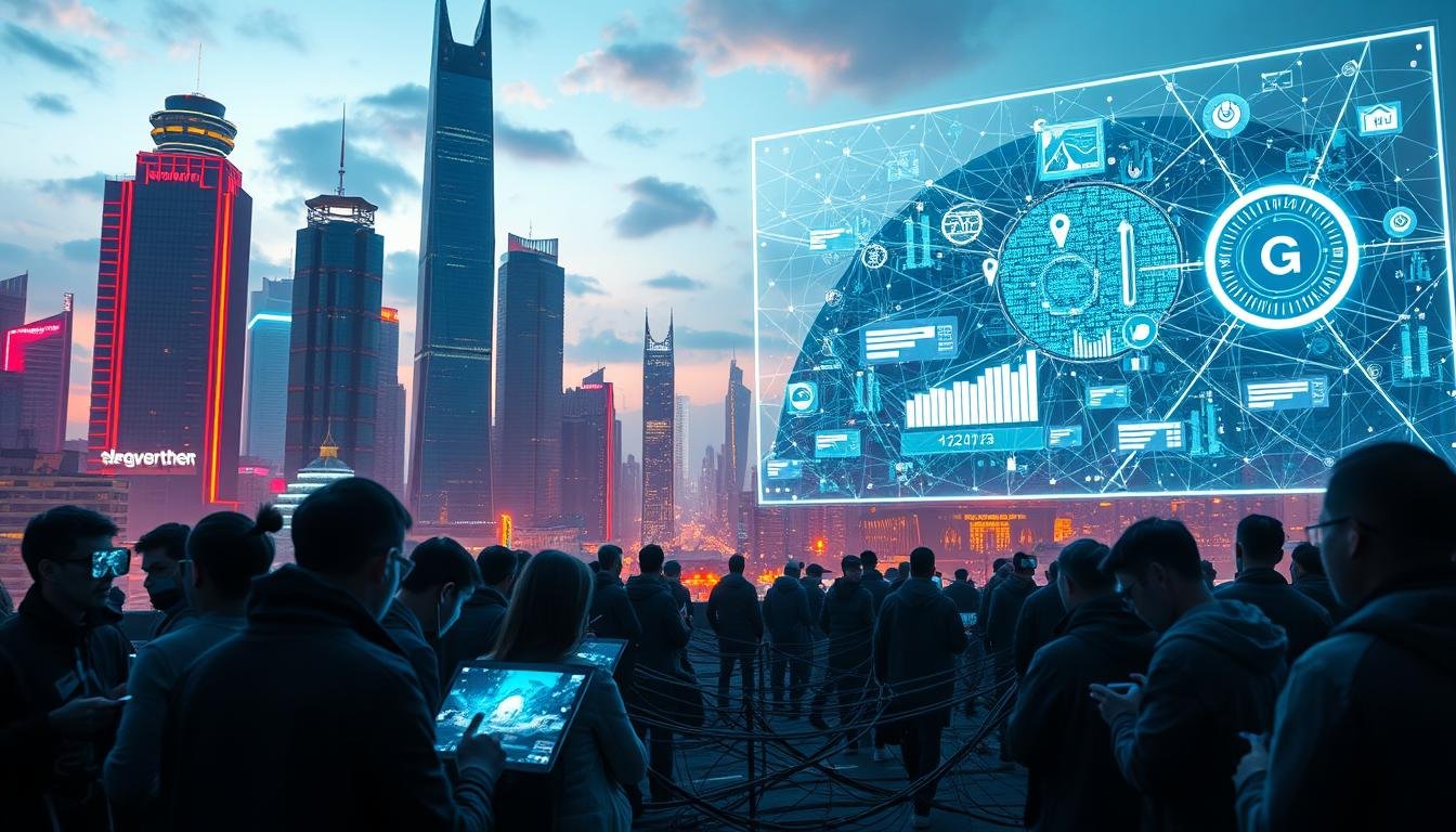 Telecombrother 5G Plan network latency test: A cinematic scene of a futuristic cityscape, with towering skyscrapers and a vibrant, neon-lit skyline. In the foreground, a group of gamers intently focused on their devices, their faces illuminated by the glow of high-resolution displays. The middle ground showcases a complex web of cables and network infrastructure, symbolizing the advanced 5G technology. In the background, a giant holographic display showcases real-time data visualizations of network latency and performance metrics. The overall atmosphere is one of technological innovation and the ever-evolving digital landscape, capturing the essence of the "5G Plan network latency test" subject.