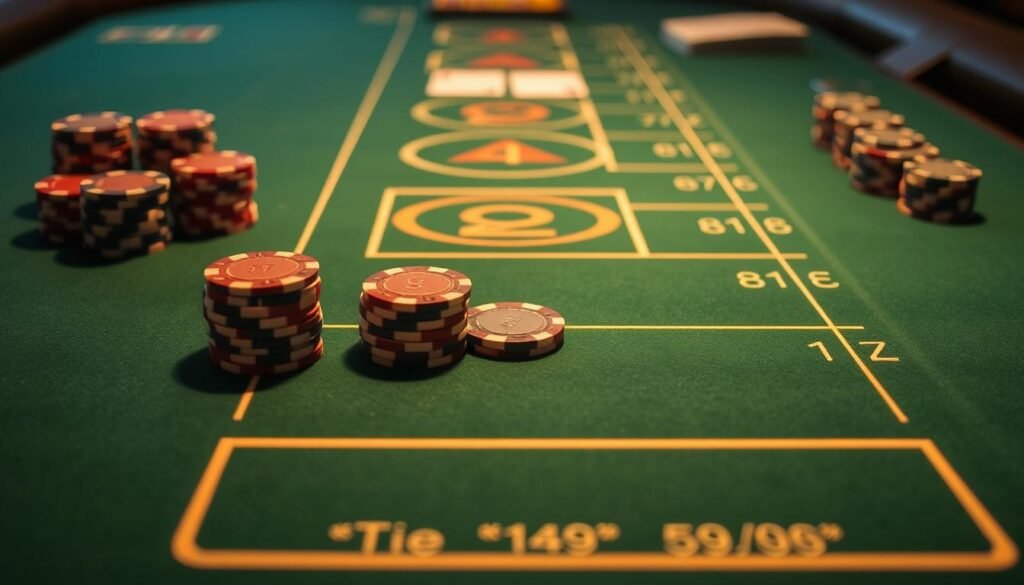 A close-up view of a casino gaming table, the green felt surface dominated by the distinctive baccarat layout. Delicate lines and symbols delineate the betting areas, inviting players to wager on the banker, player, or tie outcomes. Stacks of casino chips in various denominations are arranged neatly, their colors and values evoking the mathematical probabilities underlying the game. Subtle lighting casts a warm, atmospheric glow, drawing the viewer's focus to the precise odds and payouts that define the baccarat experience. The composition emphasizes the strategic interplay between risk and reward, highlighting the importance of understanding the game's inherent probabilities for seasoned and novice players alike.