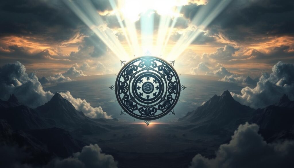 A detailed and mystical illustration of the "UTown" special symbol from the game "rsg雷神之鎚". The symbol hovers in the foreground, glowing with an ethereal light and surrounded by intricate arcane patterns. In the middle ground, a dramatic cloudy sky with shafts of light piercing through, evoking a sense of divine power. The background features a sweeping, otherworldly landscape with towering mountains and a distant horizon. The overall atmosphere is one of wonder, magic, and the profound significance of this symbolic element within the game's lore and mechanics. A detailed and mystical illustration of the "UTown" special symbol from the game "rsg雷神之鎚". The symbol hovers in the foreground, glowing with an ethereal light and surrounded by intricate arcane patterns. In the middle ground, a dramatic cloudy sky with shafts of light piercing through, evoking a sense of divine power. The background features a sweeping, otherworldly landscape with towering mountains and a distant horizon. The overall atmosphere is one of wonder, magic, and the profound significance of this symbolic element within the game's lore and mechanics.
