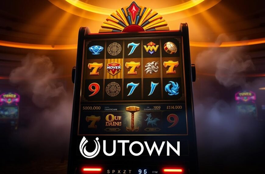A detailed, visually striking depiction of the &amp;quot;Thunder God's Hammer&amp;quot; slot machine, showcasing its iconic symbols and game mechanics. Set against a dimly lit casino environment, the machine stands tall, its sleek design illuminated by warm, golden lighting. The reels spin, revealing a harmonious blend of classic slot machine elements and Thor-inspired motifs - lightning bolts, runes, and the mighty hammer itself. The background depicts a sense of mysticism and ancient Norse influence, with swirling mist and moody, atmospheric lighting. In the foreground, the UTown brand name is prominently displayed, adding a touch of modern elegance to the scene.