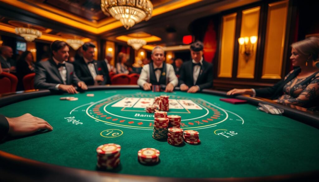 A dimly lit casino table with a green felt surface, illuminated by warm overhead lighting. On the table, the classic baccarat layout is clearly visible, with designated areas for the Player, Banker, and Tie bets. Elegant casino chips in various denominations are neatly stacked, ready for the high-stakes game. The table is surrounded by well-dressed patrons, their faces focused on the cards being dealt by a experienced croupier. The atmosphere exudes an air of sophisticated excitement, hinting at the thrill and potential rewards of mastering the rules of this iconic casino game.