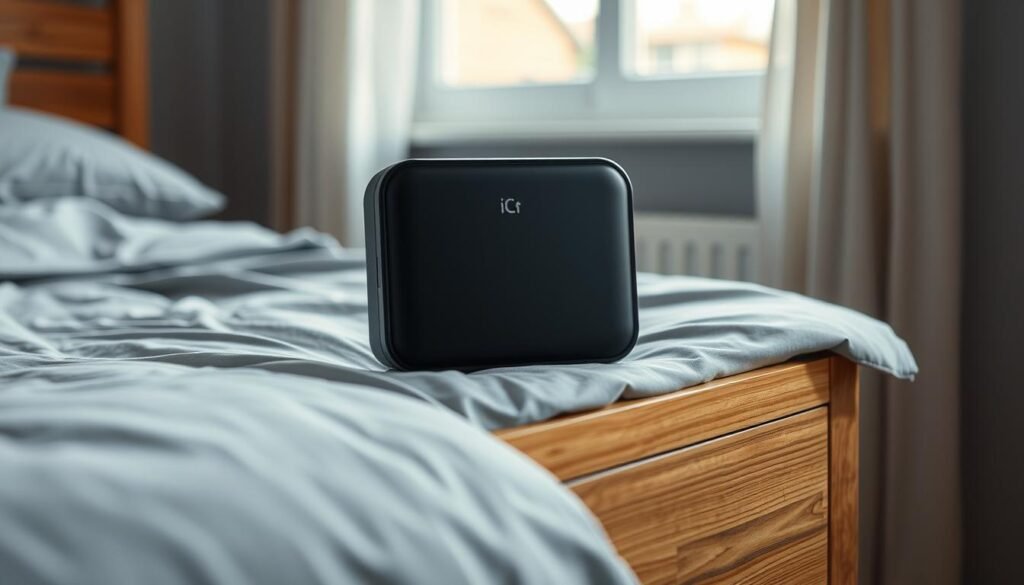 A sleek and energy-efficient iCareCPAP sleep apnea machine rests on a wooden nightstand. Soft, diffused lighting illuminates its modern, minimalist design with clean lines and a matte black finish. The device sits atop a plush grey bedsheet, creating a tranquil, spa-like atmosphere. In the background, a blurred window allows natural light to filter in, suggesting a cozy, domestic setting. The overall scene conveys the machine's compact portability and discreet presence, emphasizing its suitability for travel and everyday home use.