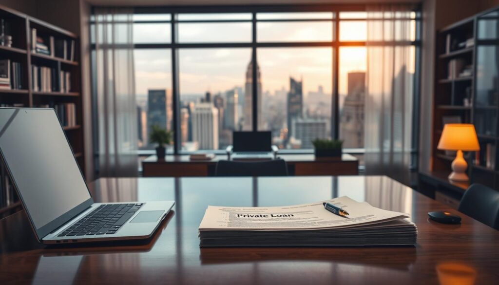 A tranquil office setting, bathed in warm, diffused lighting. In the foreground, a wooden desk with a laptop, pen, and a stack of documents labeled "民間貸款". Behind it, a large window overlooking a bustling city skyline, creating a sense of connection between the financial task at hand and the broader urban landscape. Bookshelves line the walls, conveying an atmosphere of professionalism and expertise. The overall mood is one of contemplation and careful consideration, reflecting the importance of understanding the fundamental concepts of private lending.