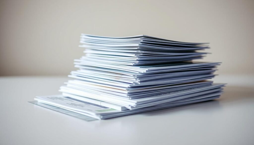 A well-organized stack of official-looking documents, including application forms, identification cards, and financial statements, sits on a clean, uncluttered desk. The lighting is soft and diffused, creating a professional and authoritative atmosphere. The documents are arranged in a neat, organized manner, conveying a sense of efficiency and attention to detail. The background is a muted, neutral tone, allowing the documents to be the focal point of the image. The overall composition is balanced and visually appealing, providing a clear and informative representation of the necessary paperwork for a private loan application.