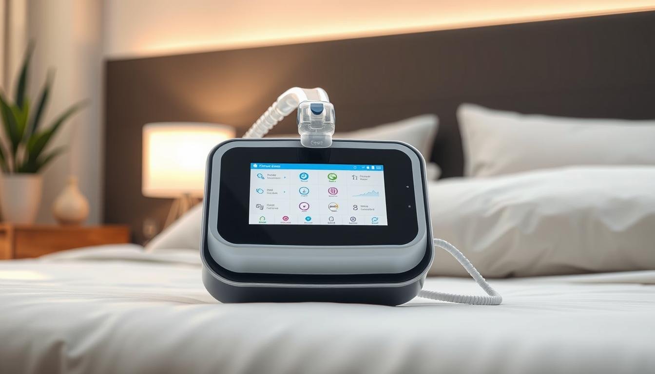 A high-quality, photorealistic image of the iCareCPAP sleep apnea machine. The device is shown in the foreground, with a clean, modern design featuring sleek lines and a minimalist aesthetic. The background depicts a serene, soothing bedroom environment, with soft lighting and muted colors that create a calming atmosphere. The machine is positioned prominently, showcasing its intuitive interface and advanced features that make it an essential tool for managing sleep apnea. The overall composition conveys the importance and functionality of the iCareCPAP sleep apnea machine in the context of sleep disorder treatment.