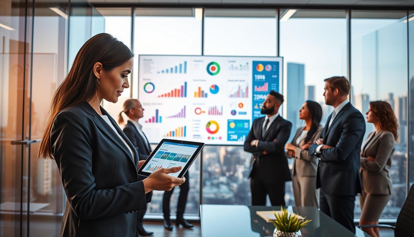 A professional office setting featuring a diverse group of business professionals engaged in a dynamic discussion about advertising strategies. In the foreground, a confident woman in formal attire gestures to a digital tablet displaying charts and graphs, highlighting key advertising metrics. The middle ground shows a diverse team of men and women attentively analyzing a large digital screen filled with colorful infographics and data visualizations representing ad performance indicators. In the background, glass walls reveal a modern city skyline, flooded with natural light, creating an energetic and inspiring atmosphere. The image should convey a sense of collaboration and strategic thinking, with a focus on the importance of clear definitions and classifications in advertising campaigns. Soft, professional lighting enhances the clarity of the data and the professionalism of the scene.