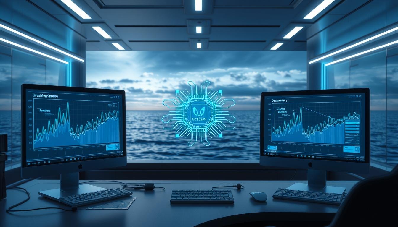 A futuristic digital workspace illustrating "OceanEsim 網路優化技術" with a focus on resolution adjustment techniques. In the foreground, sleek computer screens displaying dynamic graphs and data analytics related to streaming quality. In the middle, an intricate, glowing circuit board symbolizing advanced networking technology. The background features a calming ocean view, subtly blended with digital elements that represent connectivity and optimization. Soft, ambient lighting highlights the workspace, creating a professional yet innovative atmosphere. The camera angle is slightly elevated, providing depth and perspective while capturing the high-tech environment. The overall mood is focused and serene, emphasizing the efficiency of OceanEsim's technology in enhancing streaming smoothness.