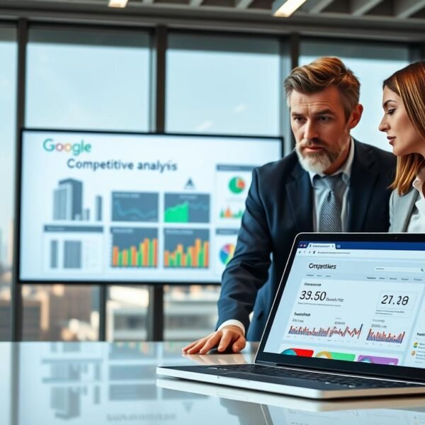 A modern office workspace featuring two analysts, one male and one female, both dressed in smart business attire, engaged in a discussion over a large digital screen displaying colorful graphs and charts. In the foreground, a sleek laptop is open, showcasing a website with SEO keyword rankings. In the middle ground, a projection of competitors' data and SEO strategies appears on the screen, emphasizing the concept of competitive analysis. The background includes a city skyline visible through a large window, symbolizing a dynamic business environment. The lighting is bright and professional, enhancing the atmosphere of collaboration and innovation. The composition should capture a sense of focus and strategy in the realm of SEO optimization.