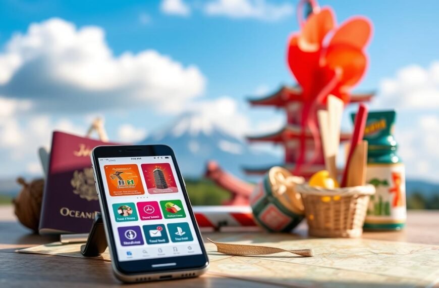 A serene travel scene highlighting the OceanEsim eSIM service for tourists in Japan. In the foreground, a sleek smartphone displays the OceanEsim app interface, with vibrant graphics indicating its features. Surrounding the phone, travel essentials like a passport, a map of Japan, and traditional Japanese snacks create an inviting atmosphere. The middle layer features a blurred image of a picturesque Japanese landscape, perhaps Mount Fuji or a tranquil temple, adding to the cultural context. The background showcases a bright blue sky and soft, fluffy clouds. Natural lighting enhances the scene, creating a warm and welcoming mood. The focus is on conveying ease of use and traveler satisfaction with OceanEsim, capturing the essence of seamless connectivity while exploring Japan.