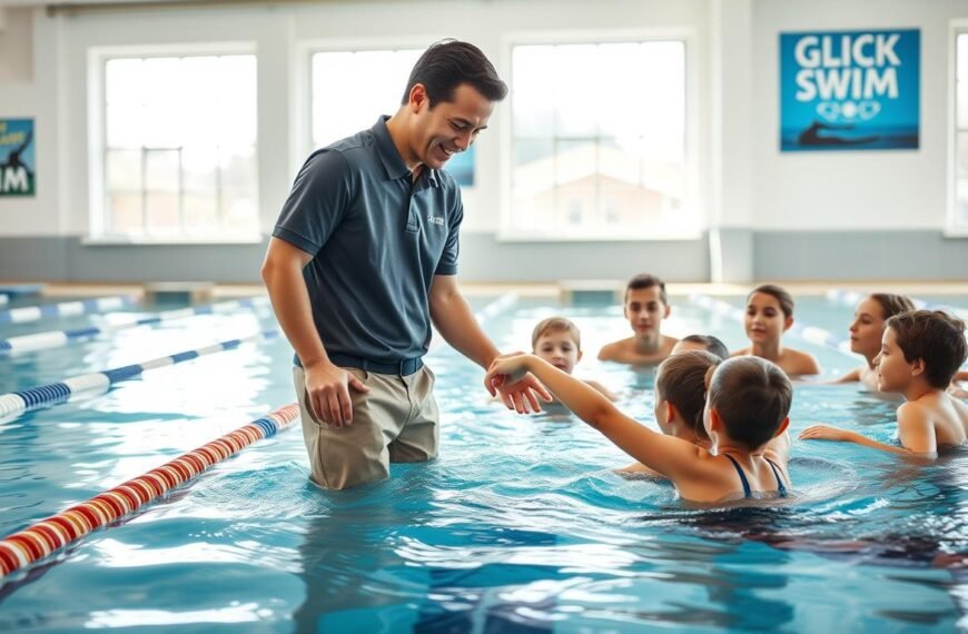 A vibrant swimming class environment showcasing a structured lesson in an indoor swimming pool. In the foreground, a professional swimming instructor, dressed in a modest polo shirt and athletic pants, demonstrates a swimming technique to a small group of attentive students, all wearing appropriate swim attire. The middle ground features a clear pool with distinct lane markers and swim boards, while the background displays large windows letting in bright, natural light that creates a warm, inviting atmosphere. The walls are adorned with motivational swim posters. Capture the scene from a slightly elevated angle, highlighting the interaction and engagement in the class, emphasizing the importance of proper technique and teamwork in learning to swim. The overall mood is energetic and focused, inspiring a sense of growth and learning.