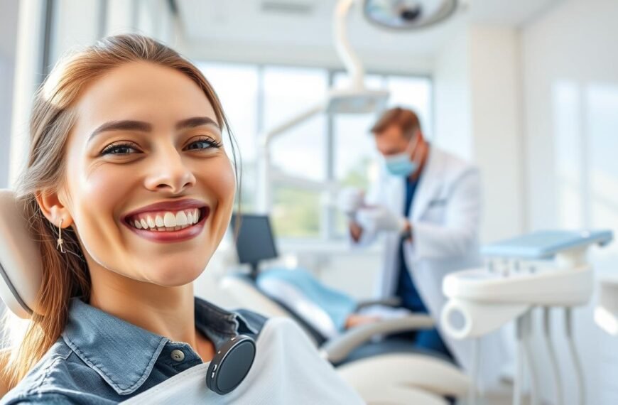 A bright and modern dental clinic setup showcasing the innovative teeth whitening process provided by Glow Smile. In the foreground, a smiling person with a radiant, white smile, dressed in smart casual attire, is sitting in a dental chair. In the middle, a dental professional, wearing a white coat and gloves, is expertly applying a teeth whitening treatment, surrounded by high-tech dental equipment. The background features clean, sleek walls and bright lighting that emphasizes the hygienic atmosphere of the clinic. Soft, natural sunlight filters through large windows, creating an inviting and professional mood. The overall scene conveys a sense of comfort, innovation, and the effectiveness of contemporary teeth whitening methods.