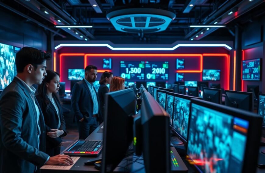 A high-tech digital environment showcasing "3A" entertainment technology. In the foreground, a professional-looking team of diverse individuals dressed in business attire, analyzing live video streams on various high-resolution monitors. The middle ground features sleek computers and advanced streaming equipment with glowing LED indicators, symbolizing cutting-edge real-time streaming technology. In the background, a dimly lit yet vibrant studio with futuristic design elements and screens displaying data analytics, faintly glowing in ambient blue and green light. The atmosphere conveys innovation, sophistication, and excitement. The angle is slightly elevated, capturing the dynamic interactions among the team members as they engage with the technology, enhancing the focus on the streaming technology being discussed.